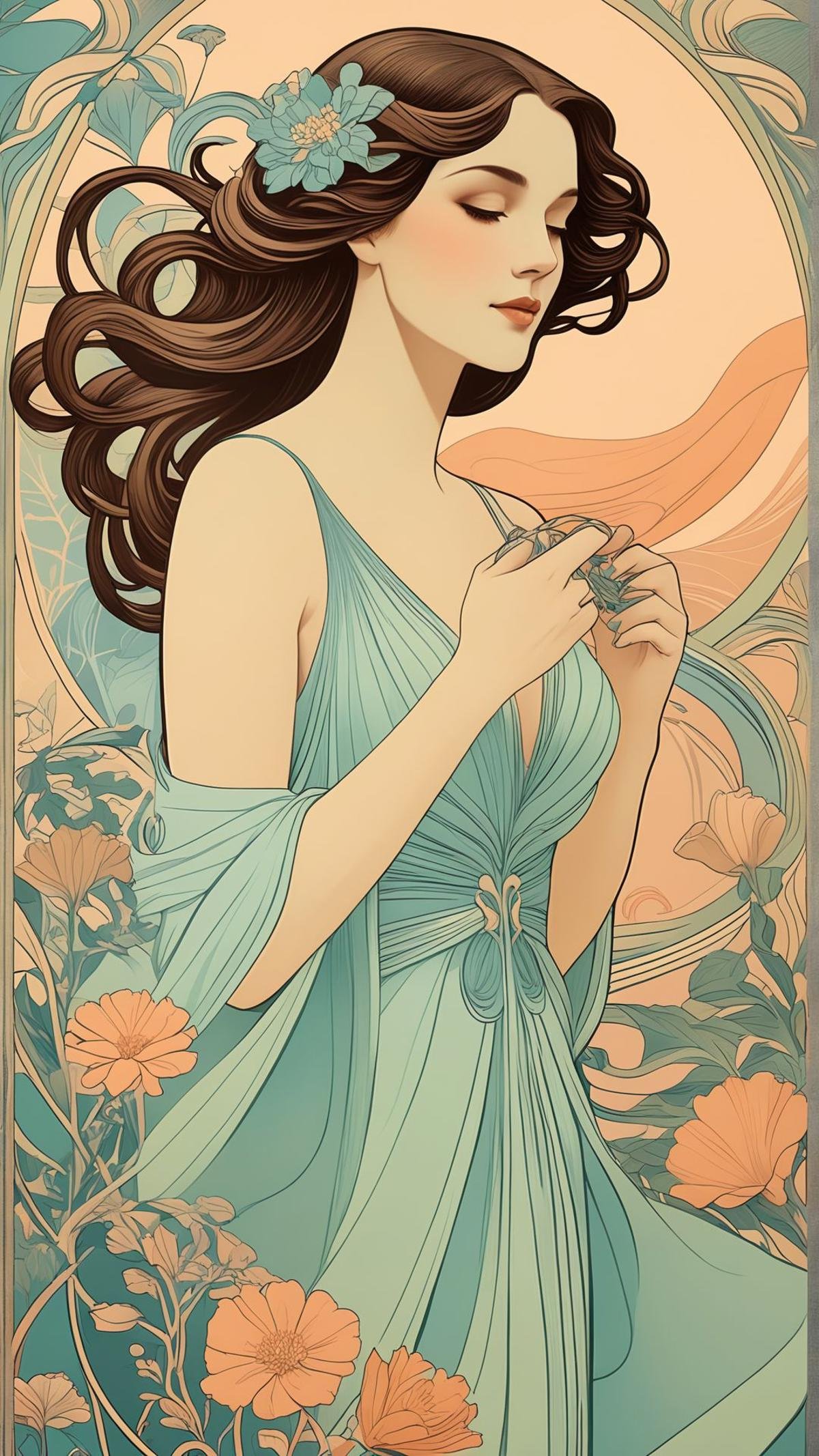 art nouveau poster,  flowing lines,  elegant woman by AIDigitalMediaAgency on Tensor.Art