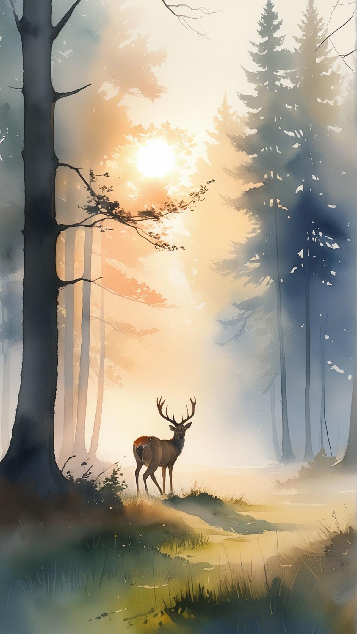 A serene watercolor painting of a quiet forest clearing at dawn,  with mist rising from the ground,  deer grazing peaceful...