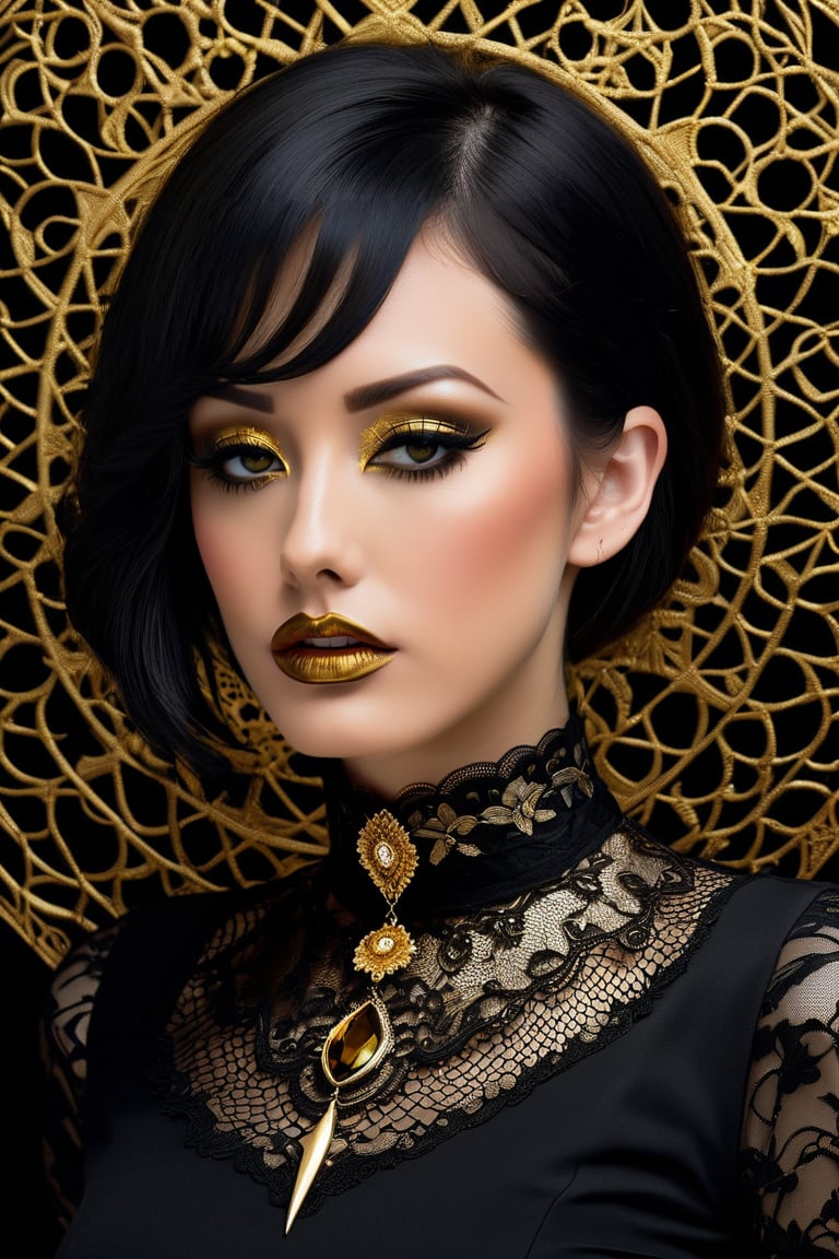 Surrealist art ohwx woman wearing a golden choker, lace black shirt, simple background . Dreamlike, mysterious, provocative, symbolic, intricate, detailed