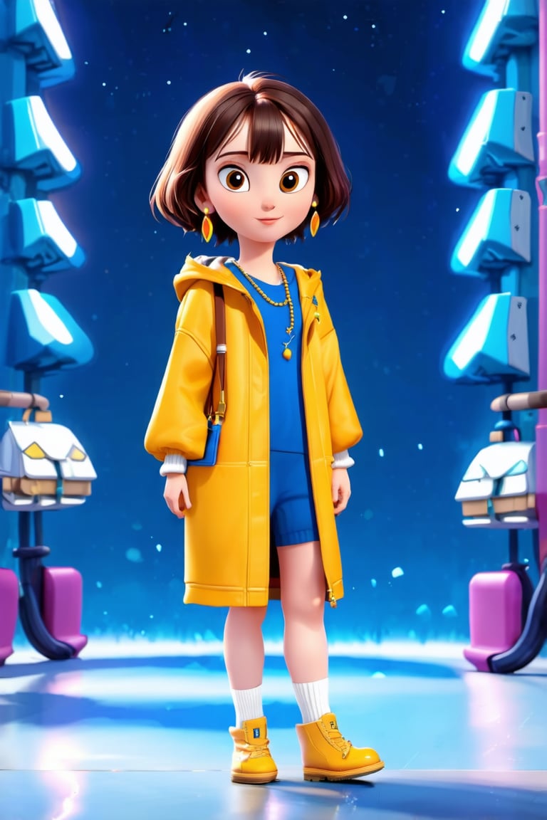 1girl, solo, looking at viewer, short hair, bangs, brown hair, long sleeves, brown eyes, jewelry, closed mouth, standing, full body, earrings, shoes, socks, hood, bag, black eyes, white socks, child, hood up, yellow footwear, raincoat,pixar style,Enhance