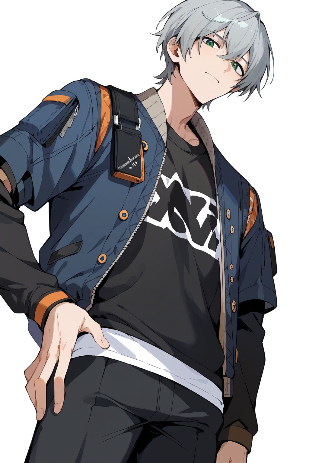 score_9, score_8_up, score_7_up, score_6_up, score_5_up, score_4_up, source_anime, 1boy, male focus, solo, wise, grey hair, short hair, bangs, green eyes, (black shirt, long sleeves), blue jacket, black pants, upper body, close up, looking at viewer, hand on hip, simple background, white background, from below