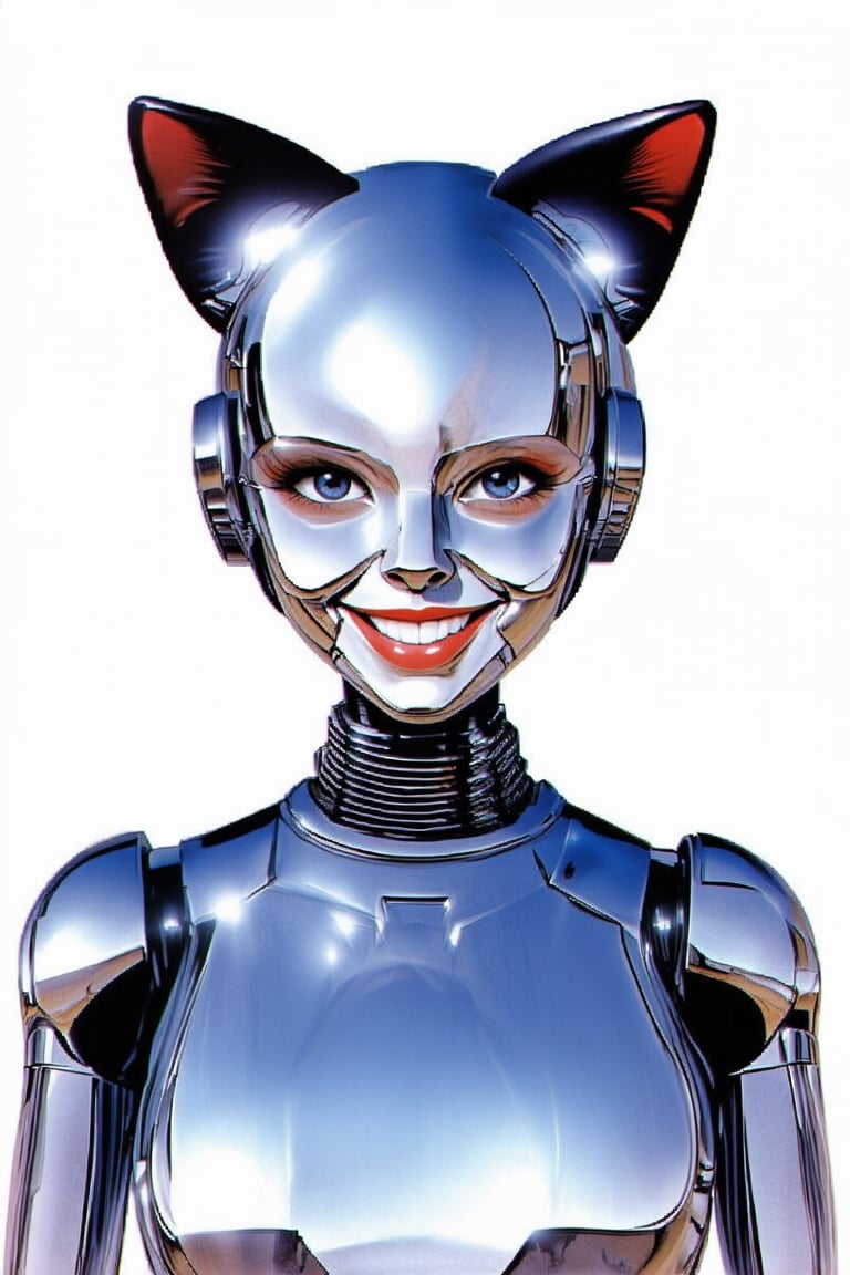 Illustration portrait of a robot girl,realistic,solid color background, smiling,wearing cat ears hair accessory, warm sunny smile,robot face, master work, Japanese design, futuristic design, metal reflection, konshanji