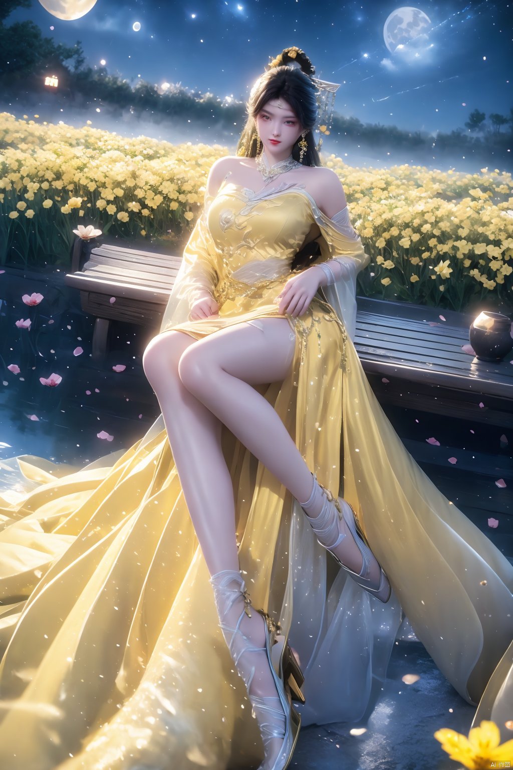 1girl, solo, black hair, hair ornament, dress, bare shoulders, jewelry, sitting, full body, flower, earrings, sky, high heels, legs, bare legs, night, moon, night sky, yellow dress