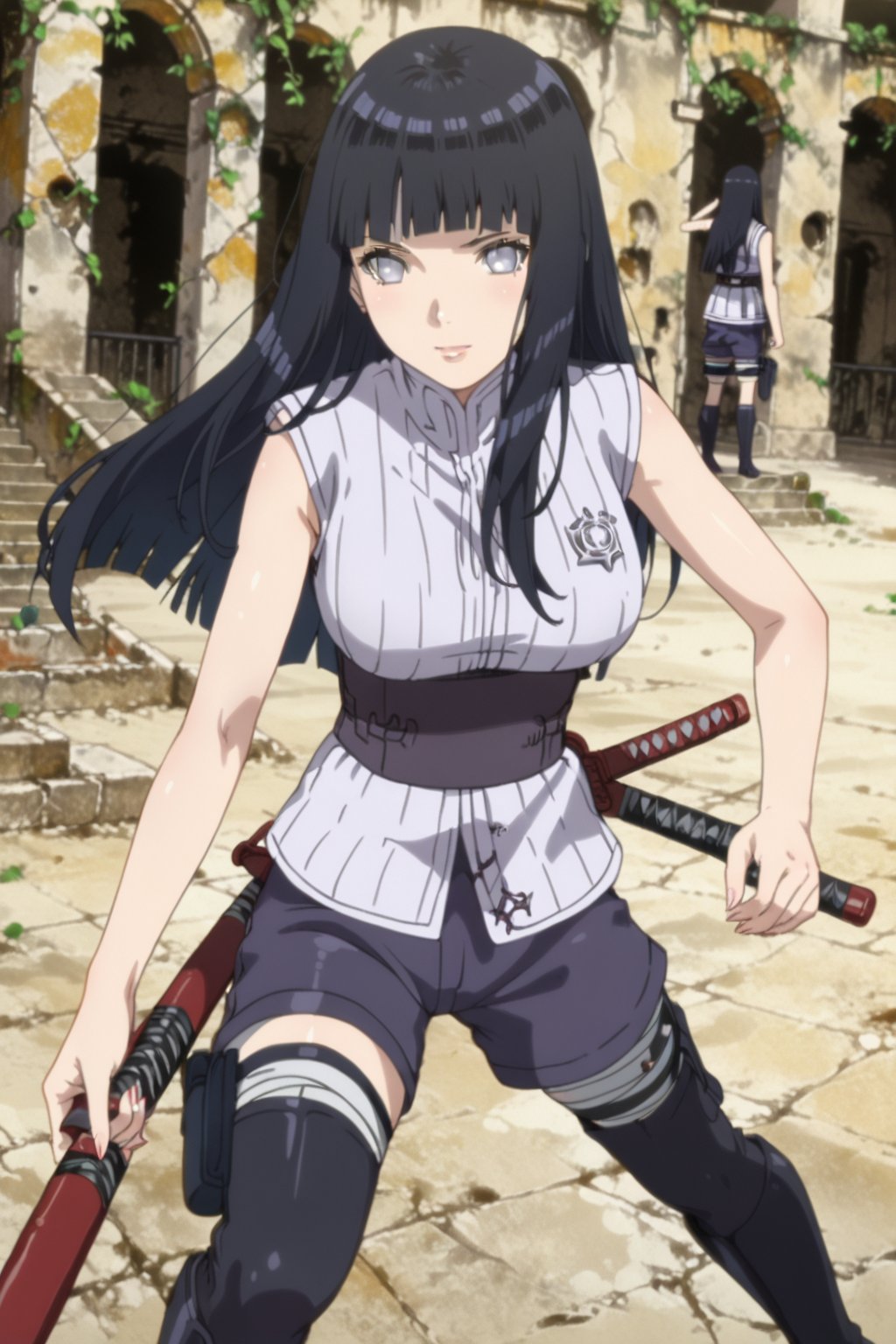 martial arts ,  in ruins , 
BREAK , 
score_9, score_8_up, score_7_up, score_6, score_5, score_4, ( masterpiece , ultra Detailed  ) , 
ChopioHyugaHinata
 , black hair , long hair , straight hair , white eyes , 
shiny hair, blunt bangs, no pupils, 
mature female, large breasts,
outfit_1, white shirt, ribbed shirt, sleeveless, waistband, purple shorts, bandaged leg, thigh pouch, black thighhighs,
knee boots, black footwear, toeless footwear