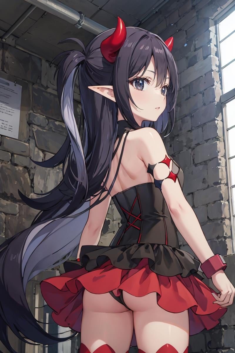 masterpiece, best quality, ultra-detailed, glistening shiny, glowing light, ray tracing, HDR, deph of field, (perfect face, detailed face), <lora:Lucelia:0.8>, lucelia, very long hair, flat chest, black eyes, two side up, pointy ears, demon horns,  , black dress, red skirt, red thighhighs, necklace, armlets, wristbands, from behind, ass