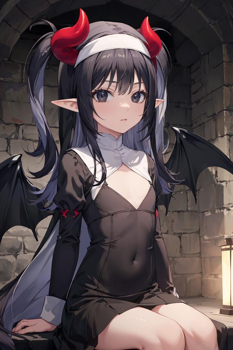 masterpiece, best quality, ultra-detailed, glistening shiny, glowing light, ray tracing, HDR, deph of field, (perfect face, detailed face), <lora:Lucelia:0.8>, lucelia, very long hair, flat chest,  black eyes, black hair, two side up, pointy ears, demon horns, demon wings, nun, sitting