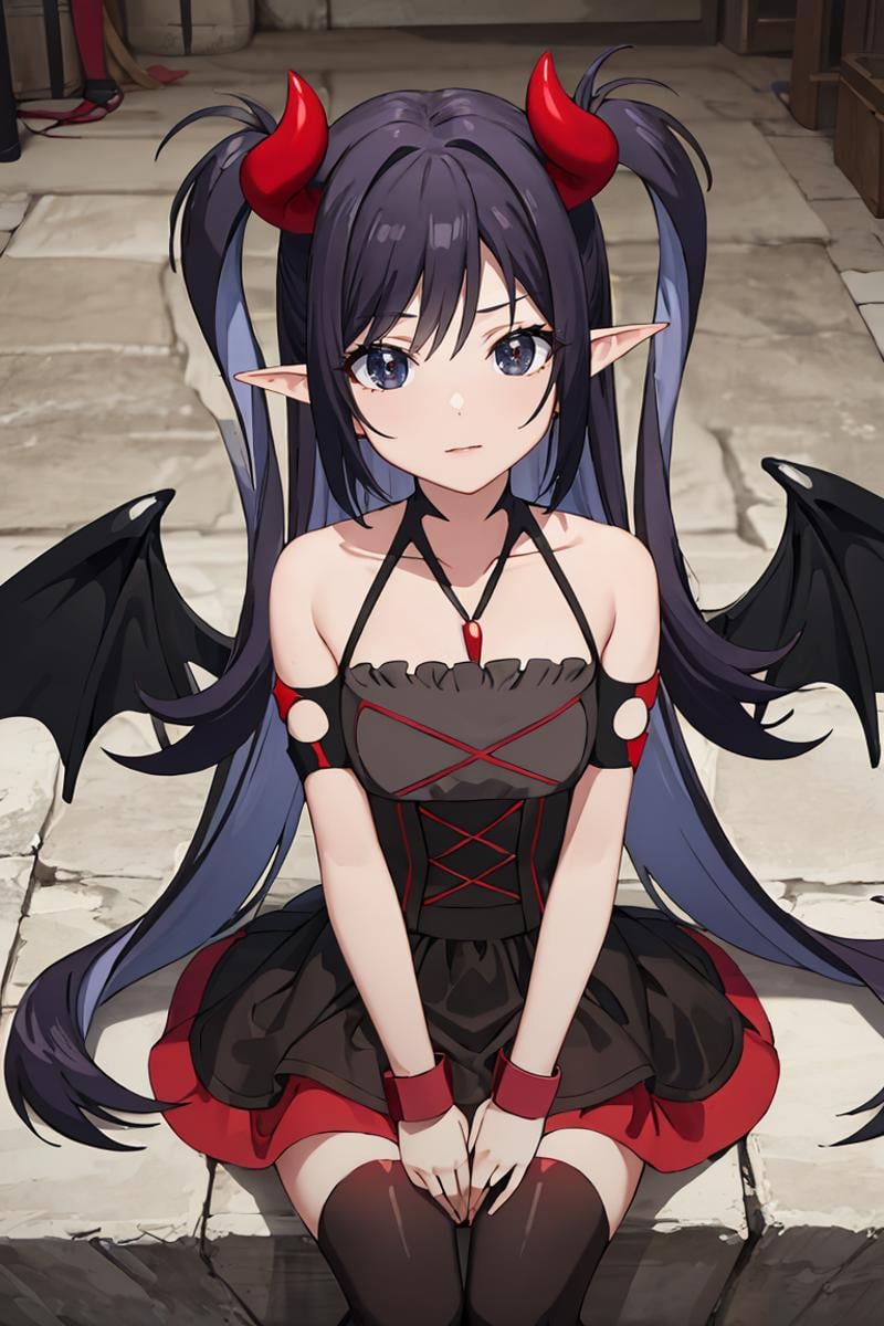 masterpiece, best quality, ultra-detailed, glistening shiny, glowing light, ray tracing, HDR, deph of field, (perfect face, detailed face), <lora:Lucelia:0.8>, lucelia, very long hair, black eyes, two side up, pointy ears, demon horns, demon wings, black dress, red skirt, red thighhighs, necklace, armlets, wristbands, sitting