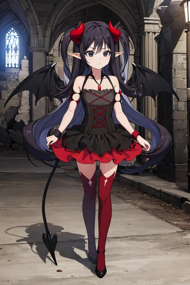 masterpiece, best quality, ultra-detailed, glistening shiny, glowing light, ray tracing, HDR, deph of field, (perfect face, detailed face), <lora:Lucelia:0.8>, lucelia, very long hair, black eyes, two side up, pointy ears, demon horns, demon wings, black dress, red skirt, red thighhighs, necklace, armlets, wristbands, standing