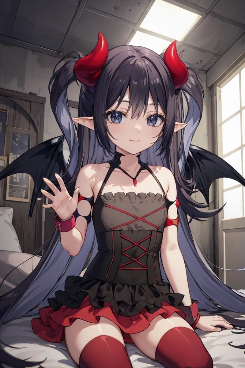 masterpiece, best quality, ultra-detailed, glistening shiny, glowing light, ray tracing, HDR, deph of field, (perfect face, detailed face), <lora:Lucelia:0.8>, lucelia, very long hair, flat chest, black eyes, smile, waving, two side up, pointy ears, demon horns, demon wings , black dress, red skirt, layered dress, red thighhighs, necklace, armlets, wristbands, sitting