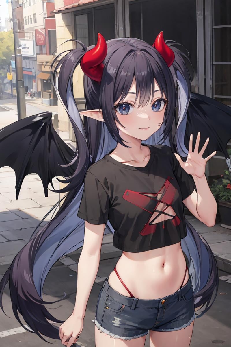 masterpiece, best quality, ultra-detailed, glistening shiny, glowing light, ray tracing, HDR, deph of field, (perfect face, detailed face), 1girl, solo, <lora:Lucelia:0.8>, lucelia, very long hair, flat chest,  black eyes, two side up, pointy ears, demon horns, demon, wings, smile, waving, t-shirt, crop top, navel, denim shorts, standing, outdoors, city