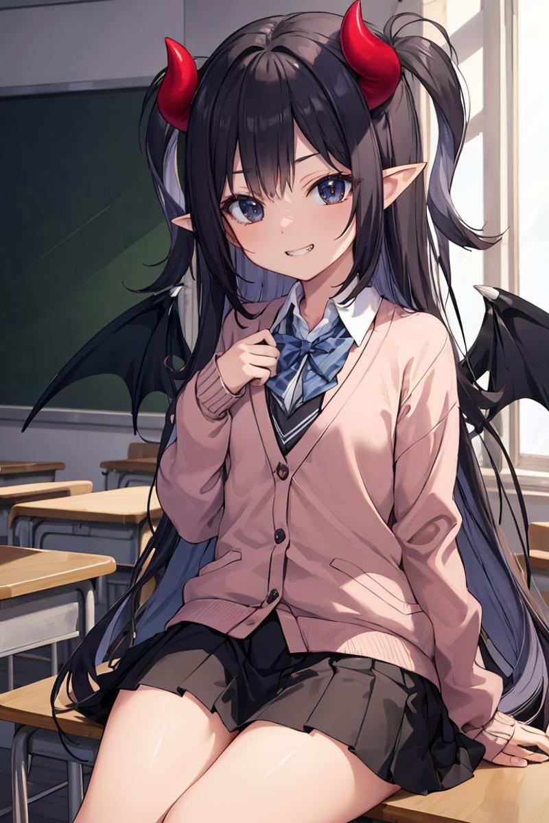 masterpiece, best quality, ultra-detailed, glistening shiny, glowing light, ray tracing, HDR, deph of field, (perfect face, detailed face), <lora:Lucelia:0.7>, lucelia, very long hair, flat chest,  black eyes, two side up, pointy ears, demon horns, demon wings,  grin, school uniform, pink cardigan, short skirt, sitting, classroom