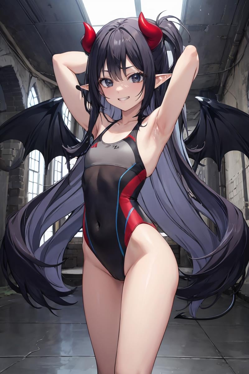 masterpiece, best quality, ultra-detailed, glistening shiny, glowing light, ray tracing, HDR, deph of field, (perfect face, detailed face), <lora:Lucelia:0.8>, lucelia, very long hair, flat chest,  black eyes, two side up, pointy ears, demon horns, demon wings,  grin, competiton swimsuit, armpits, highleg, bare legs, standing, posing