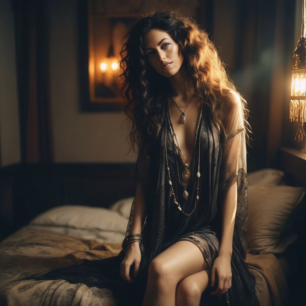 boudoir full body, dark boho, hair over one eye, vjvx drkbh.(high quality, detailed, beautiful), shiny, realistic, outstanding, detailed soft lighting, cinematic vintage photography