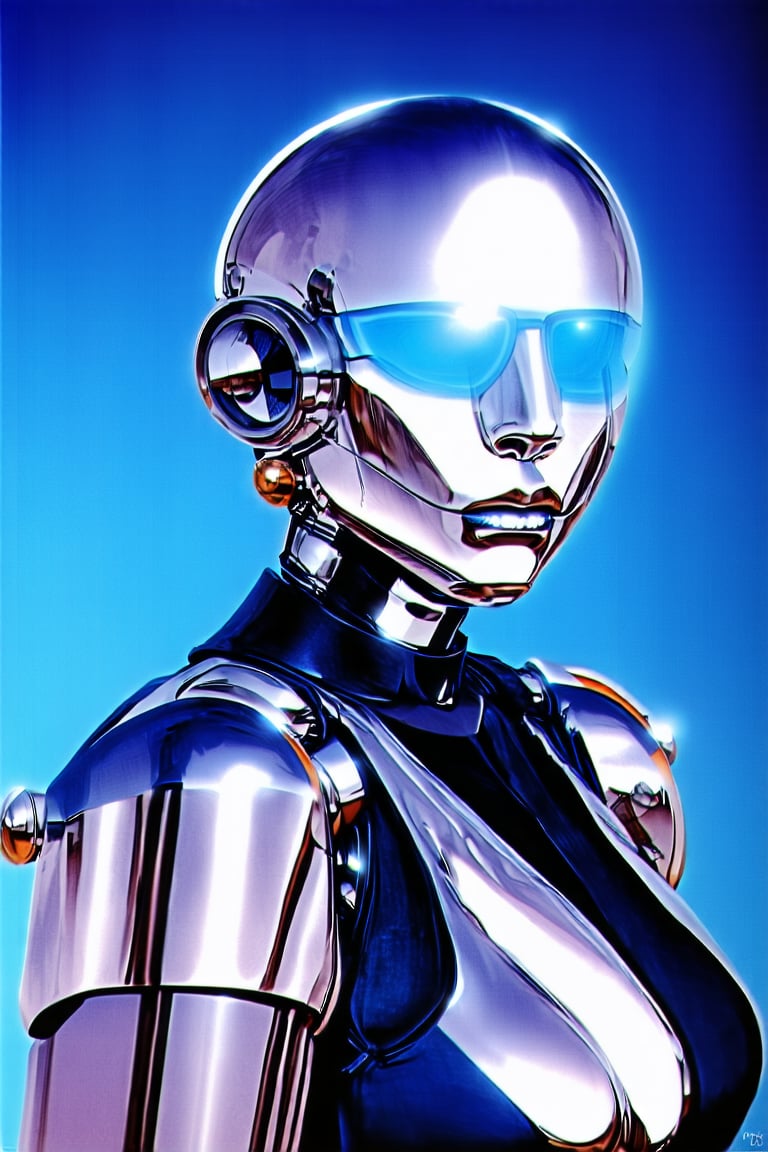 Illustration portrait of a robot girl,realistic,solid color background,robot face, cool。master work, moden design, futuristic design, metal reflection, konshanji