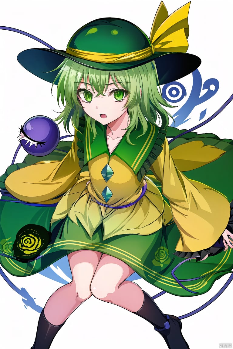 lw,komeiji koishi,1girl, hat,hat bow,green hair,green eyes,yellow shirt,green skirt,,long sleeves, wide sleeves, floral print,third eye,eyeball