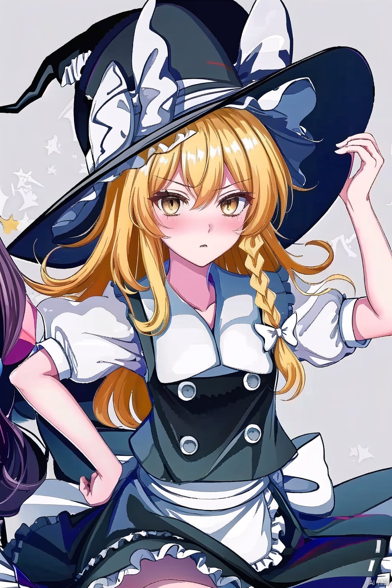 kirisame marisa,witch hat,waist apron,puffy short sleeves,single braid,hair bow,black skirt,frills,black vest,white shirt,black headwear,solo,looking at viewer,hat bow,blush,1girl,white bow,lw