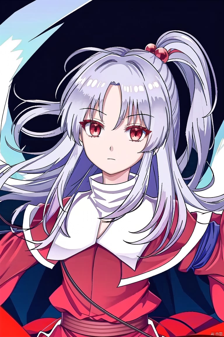 lw,shinki (touhou),1girl,solo,one side up,hair bobbles,red dress,red capelet,long sleeves,looking at viewer