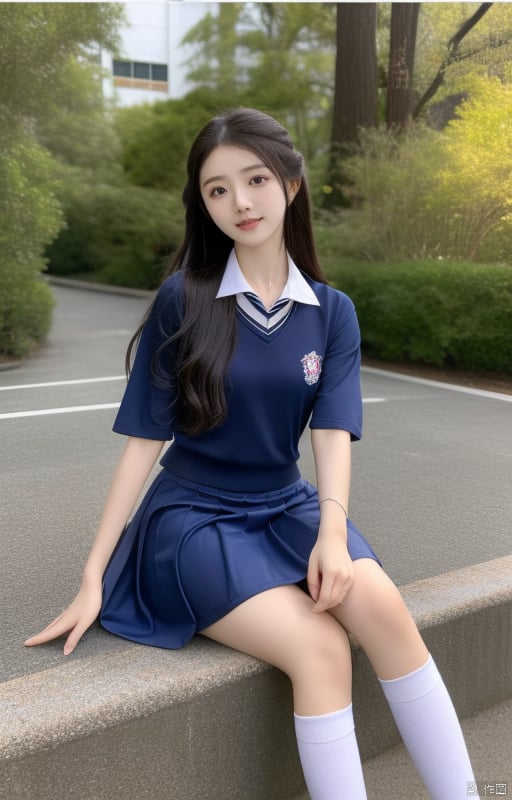 1girl,xuejie,Senior sister, wearing Japanese high school uniform, campus, the most beautiful, sitting on campus, carrying skirt, rich lady, beautiful hair,