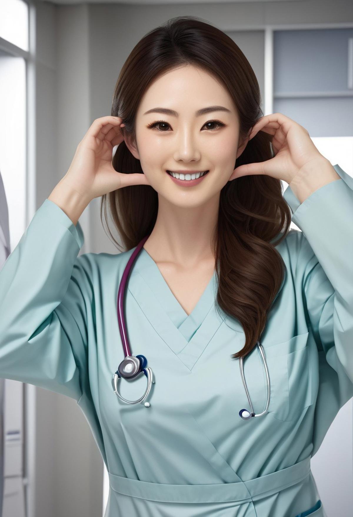 (fullbody shot), 1girl, (cheek_heart:1.4), smiling, beautiful Japanese female nurse wearing fitted aqua nurse dress, beautiful detailed face, brown long hair, pale skin, realistic skin, detailed cloth texture, detailed hair texture, Perfect proportion, Beautiful Face, accurate, Anatomically correct, Highly detailed face and skin texture , looking at viewer , modern hospital ward, photorealistic , masterpiece, best quality