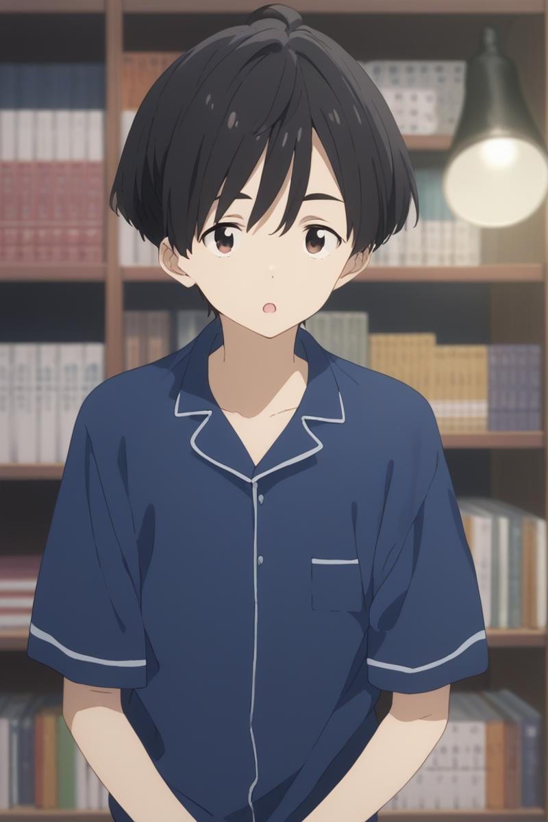 score_9, score_8_up, score_7_up, score_6_up, detailed, intricate details,best quality ,source_anime, cowboy shot, male focuskazuhiko nukumizu, black hair, brown eyes, 1boy, male focus, bookshelf, solo, open mouth, pajamas, book, indoors, upper body, blue shirt, shirt, lamp<lora:EMS-425199-EMS:1.000000>