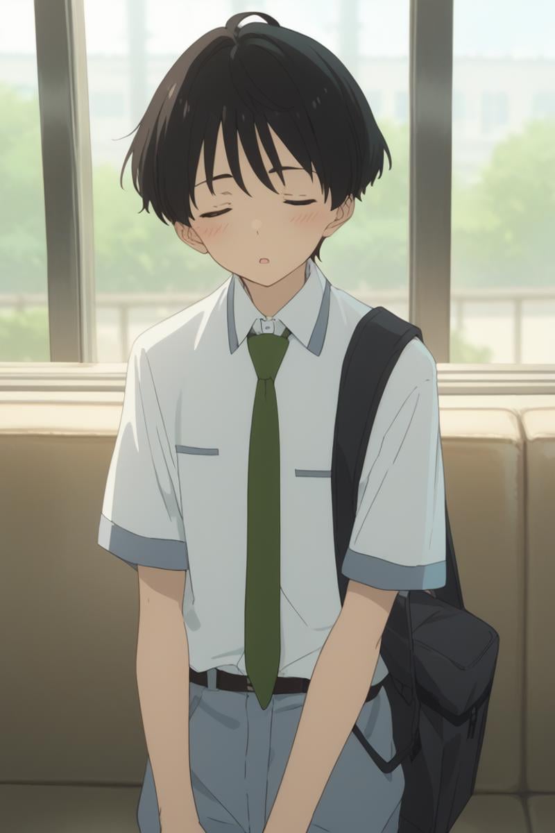 score_9, score_8_up, score_7_up, score_6_up, detailed, intricate details,best quality ,source_anime, cowboy shot, male focuskazuhiko nukumizu, black hair, brown eyes, 1boy, male focus, closed eyes, open mouth, necktie, book, bag, school uniform, solo, anime coloring, green necktie, parody, shirt, couch, blush<lora:EMS-425199-EMS:1.000000>