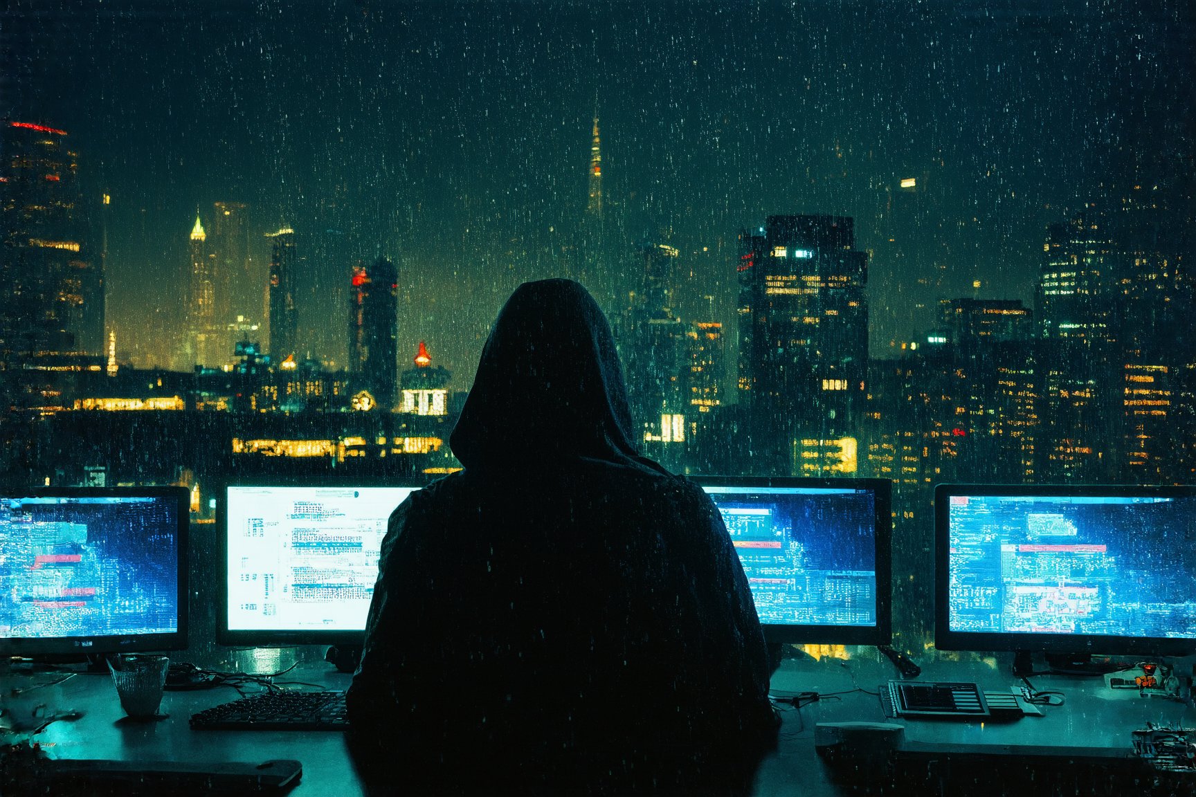 A cinematic photo of a mysterious figure, shrouded in a hood, situated in a dimly lit, neon-imbued command center in a rain-soaked metropolis at night, photographed in vibrant colors with a subtle film grain. The man sitting in front multiple computer monitors displaying cryptic code and futuristic graphics in front of him. Outside, rain droplets trickle down the misty windowpane, with a city skyline glowing in the background