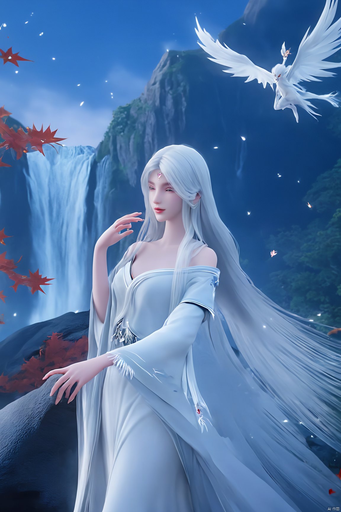 (masterpiece,best quality),1girl, solo, long hair, (big breasts:1.29), looking at viewer, dress, bare shoulders, jewelry, white hair, earrings, detached sleeves, wings, necklace, white dress, lips, tiara,Xtianhuxiaobai,Maple leaves, flowers,waterfalls, volcanoes,