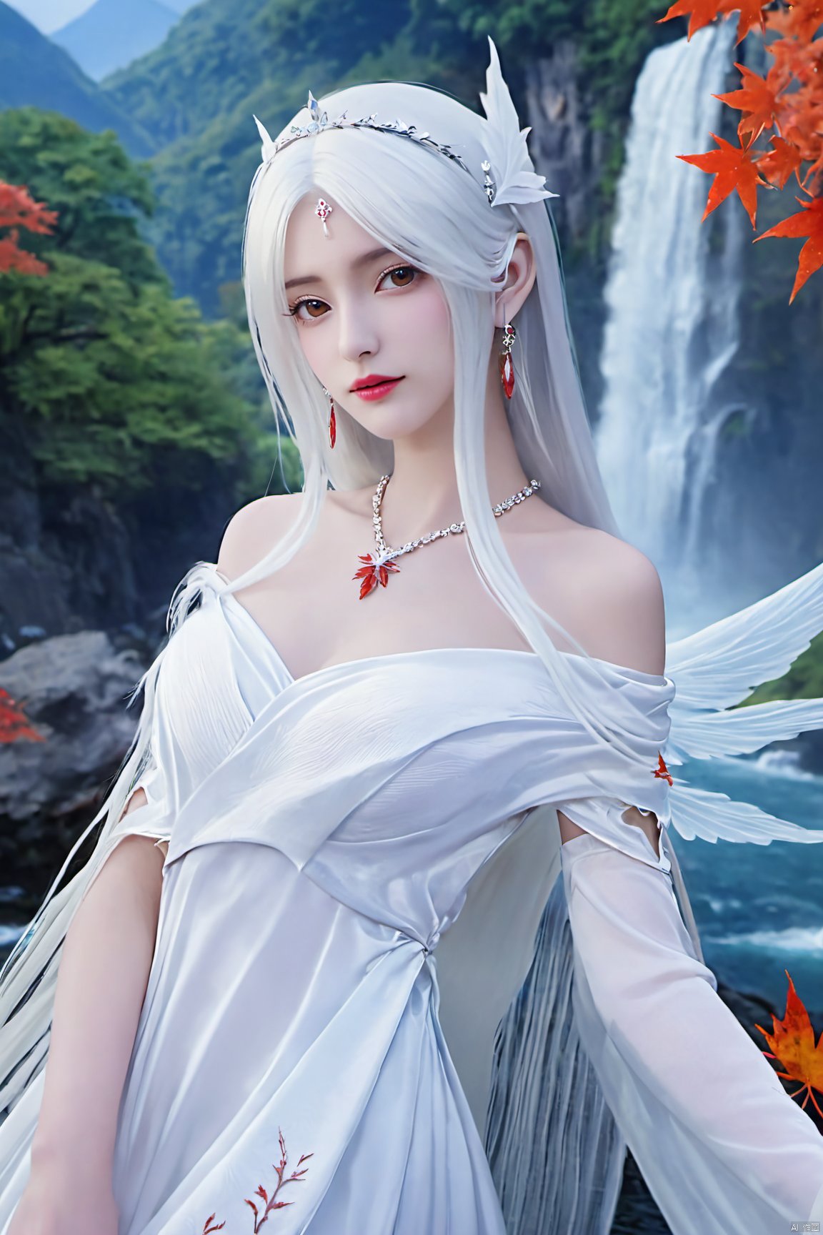 (masterpiece,best quality),1girl, solo, long hair, (big breasts:1.29), looking at viewer, dress, bare shoulders, jewelry, white hair, earrings, detached sleeves, wings, necklace, white dress, lips, tiara,Xtianhuxiaobai,Maple leaves, flowers,waterfalls, volcanoes,