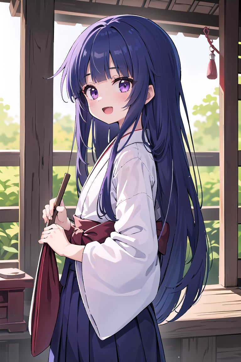 ((masterpiece, best quality)), high resolution,ultra detailed,8k,16k,detailed background, perfect lighting,1girl,from front,child,look at viewer,cowboy shot,furude rika,blue hair,purple eyes,very long hair,blunt bangs,shrine maiden clothes,red hakama,miko,:d