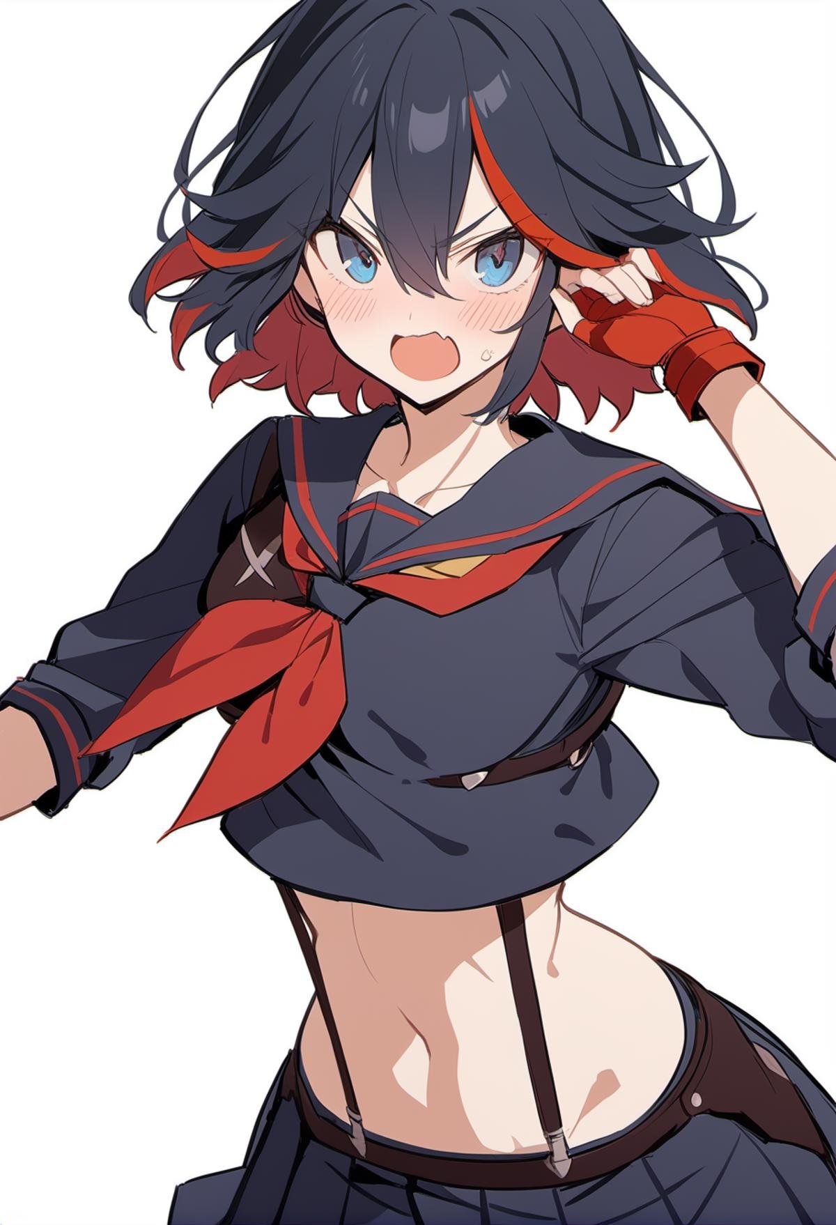 rating: sensitive,  <lora:Matoi_Ryuuko_SDXL:1>,1girl, matoi ryuuko, senketsu, solo, black hair, skirt, gloves, school uniform, multicolored hair, blue eyes, streaked hair, midriff, navel, open mouth, serafuku, white background, red gloves, suspenders, simple background, short hair, fingerless gloves, pleated skirt, red hair, single glove, crop top, cowboy shot, neckerchief, two-tone hair, red neckerchief, masterpiece, best quality