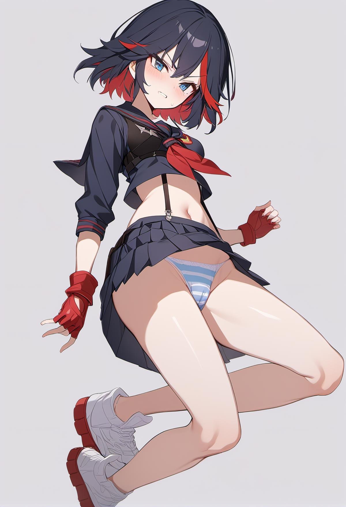 rating: sensitive,  <lora:Matoi_Ryuuko_SDXL:1>,1girl, striped panties, matoi ryuuko, underwear, panties, striped, solo, gloves, skirt, black hair, senketsu, school uniform, suspenders, multicolored hair, blue eyes, streaked hair, red gloves, serafuku, shoes, short hair, sneakers, fingerless gloves, white background, red hair, midriff, pleated skirt, simple background, navel, two-tone hair, black skirt, masterpiece, best quality