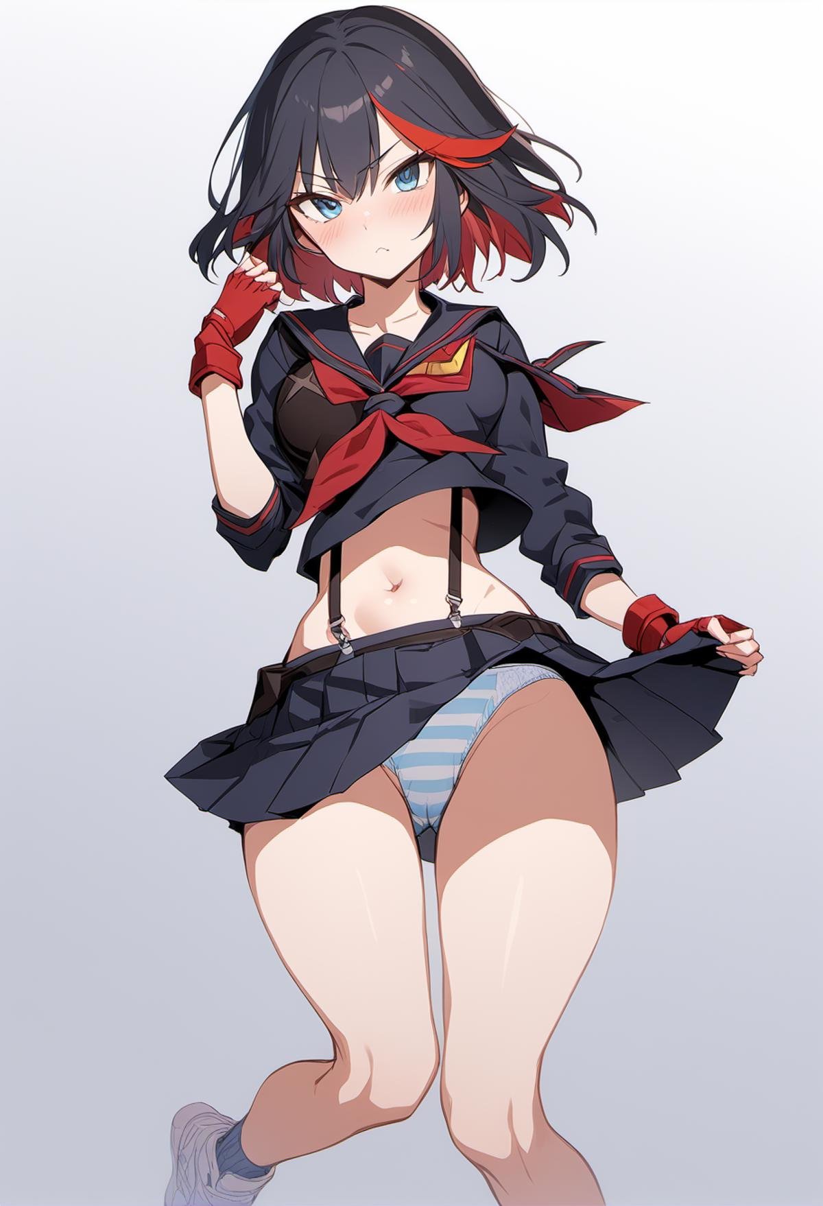 rating: sensitive,  <lora:Matoi_Ryuuko_SDXL:1>,1girl, striped panties, matoi ryuuko, underwear, panties, striped, solo, gloves, skirt, black hair, senketsu, school uniform, suspenders, multicolored hair, blue eyes, streaked hair, red gloves, serafuku, shoes, short hair, sneakers, fingerless gloves, white background, red hair, midriff, pleated skirt, simple background, navel, two-tone hair, black skirt, masterpiece, best quality