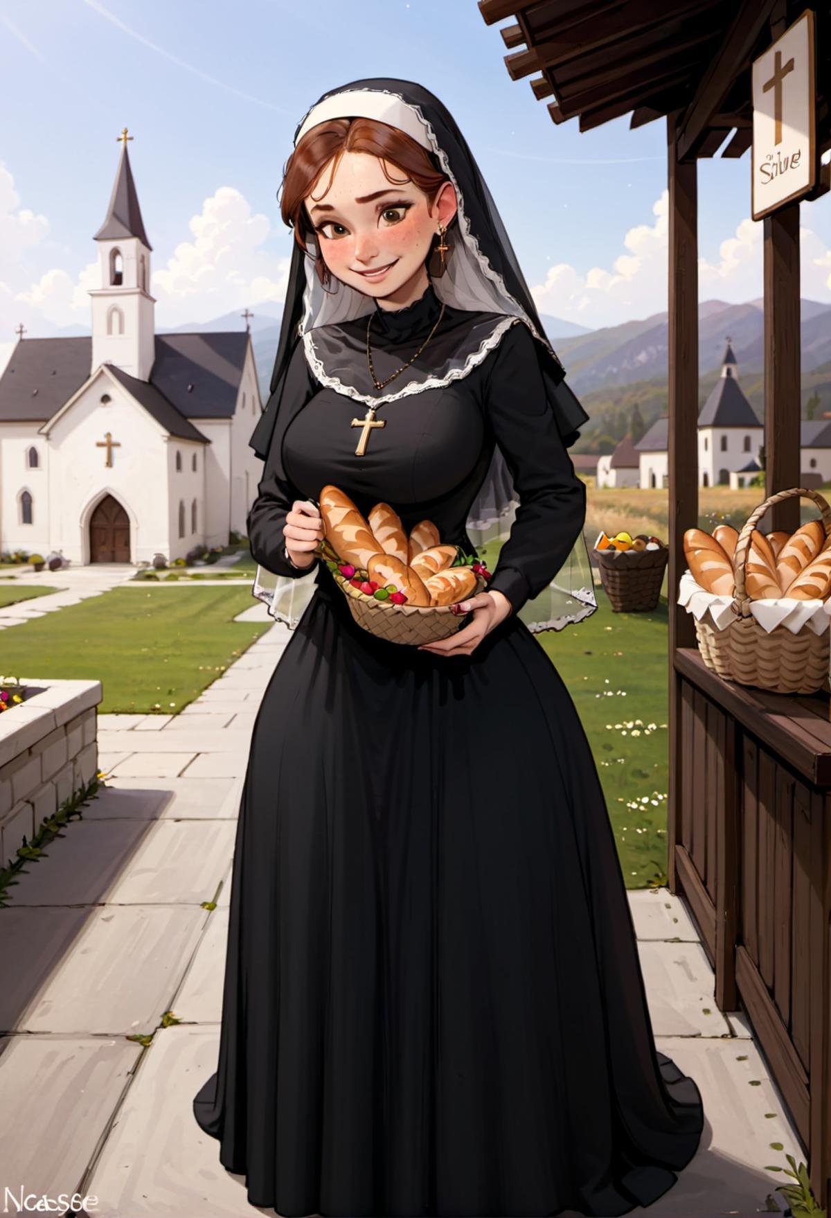 <lora:Incase_Style__SDXL:0.7> incase style, 1girl, freckles, solo, nun, habit, jewelry, blush, basket, food, dress, necklace, catholic, smile, black dress, holding, long sleeves, outdoors, bread, brown hair, standing, earrings, breasts, cross, long dress, signature, veil