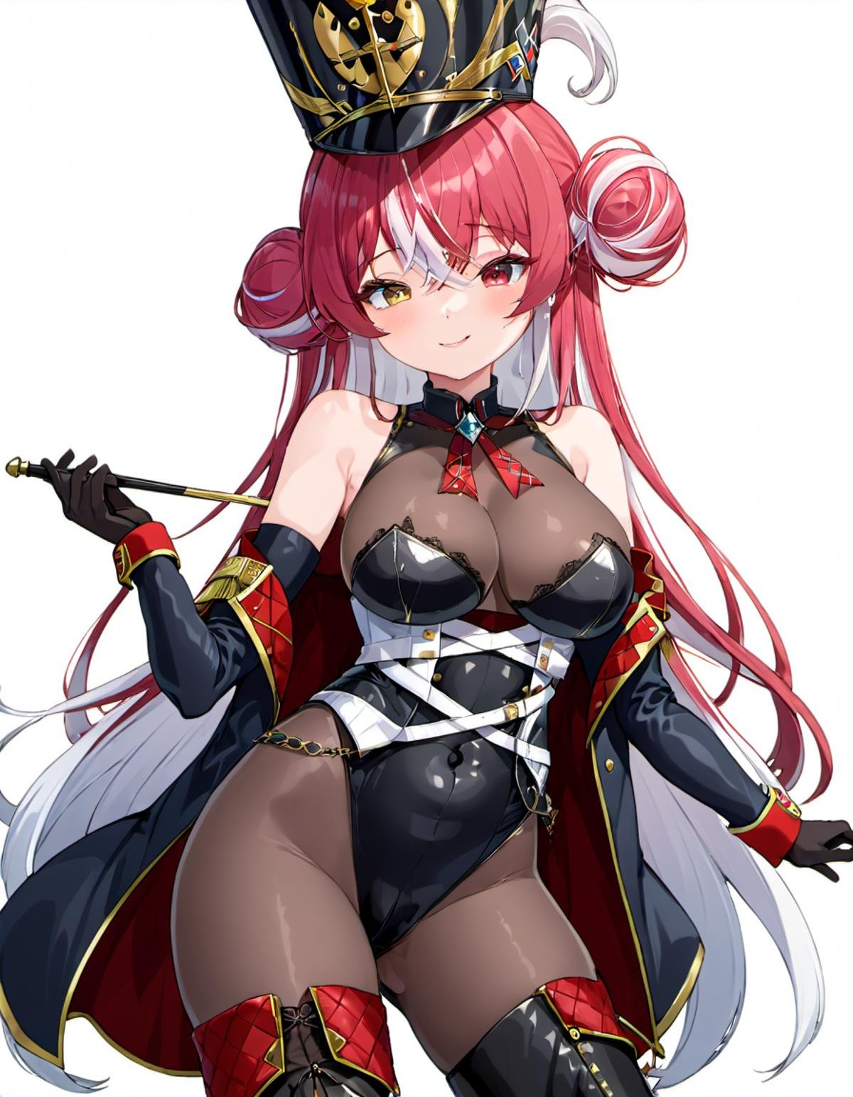 <lora:Houshou_Marine:.8>  houshou marine, solo, shako cap, large breasts, long hair, hat, gloves, heterochromia, covered navel, looking at viewer, white hair, leotard, multicolored hair, parted lips, white background, elbow gloves, black leotard, smile, simple background, blush, thigh boots, bare shoulders, boots, pantyhose, hair bun, black headwear, cleavage, holding, black gloves, streaked hair, black footwear, official alternate costume