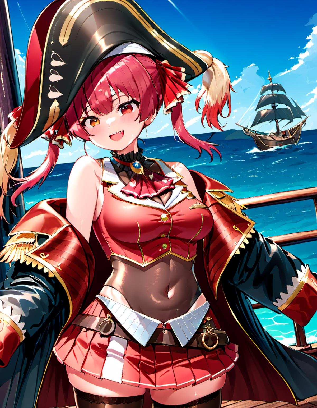 <lora:Houshou_Marine:1.2> houshou marine, solo, heterochromia, pirate hat, twintails, skirt, black thighhighs, large breasts, blush, smile, looking at viewer, open mouth, covered navel, long hair, red pleated skirt, pirate ship at sea,  red ascot, off shoulder, see-through leotard, black coat, bare shoulders, black headwear, bicorne, thighs, see-through, miniskirt, ribbon, jacket, pirate, belt, :d, hair ribbon 