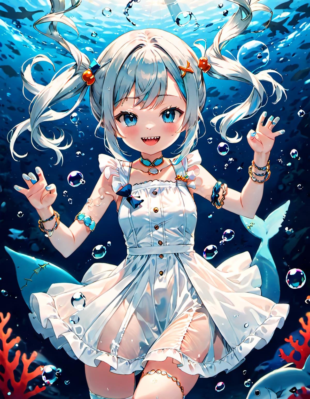 <lora:Gawr_Gura__SDXL:0.8> gawr gura, solo, teeth, fish, smile, sharp teeth, looking at viewer, twintails, long hair, underwater, :d, blush, dress, blue nails, jewelry, nail polish, open mouth, bubble, white dress, tail, air bubble, braid, hand up, shark tail, bracelet