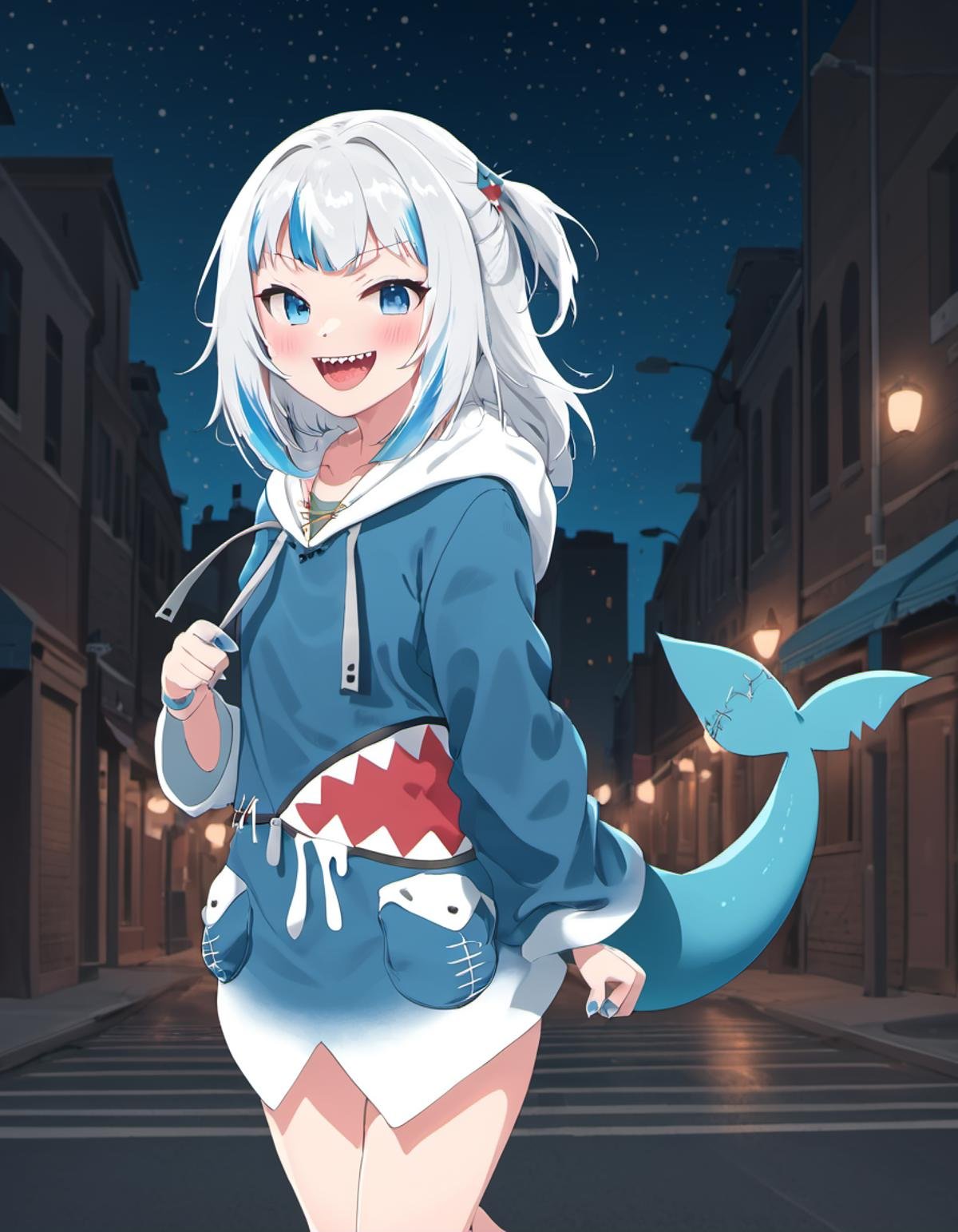 <lora:Gawr_Gura__SDXL:1> gawr gura, teeth, solo, tail, sharp teeth, shark tail, shark girl, hood, looking at viewer, hoodie, smile, blush, open mouth,  hair ornament, walking on a city street at night,  blue nails,