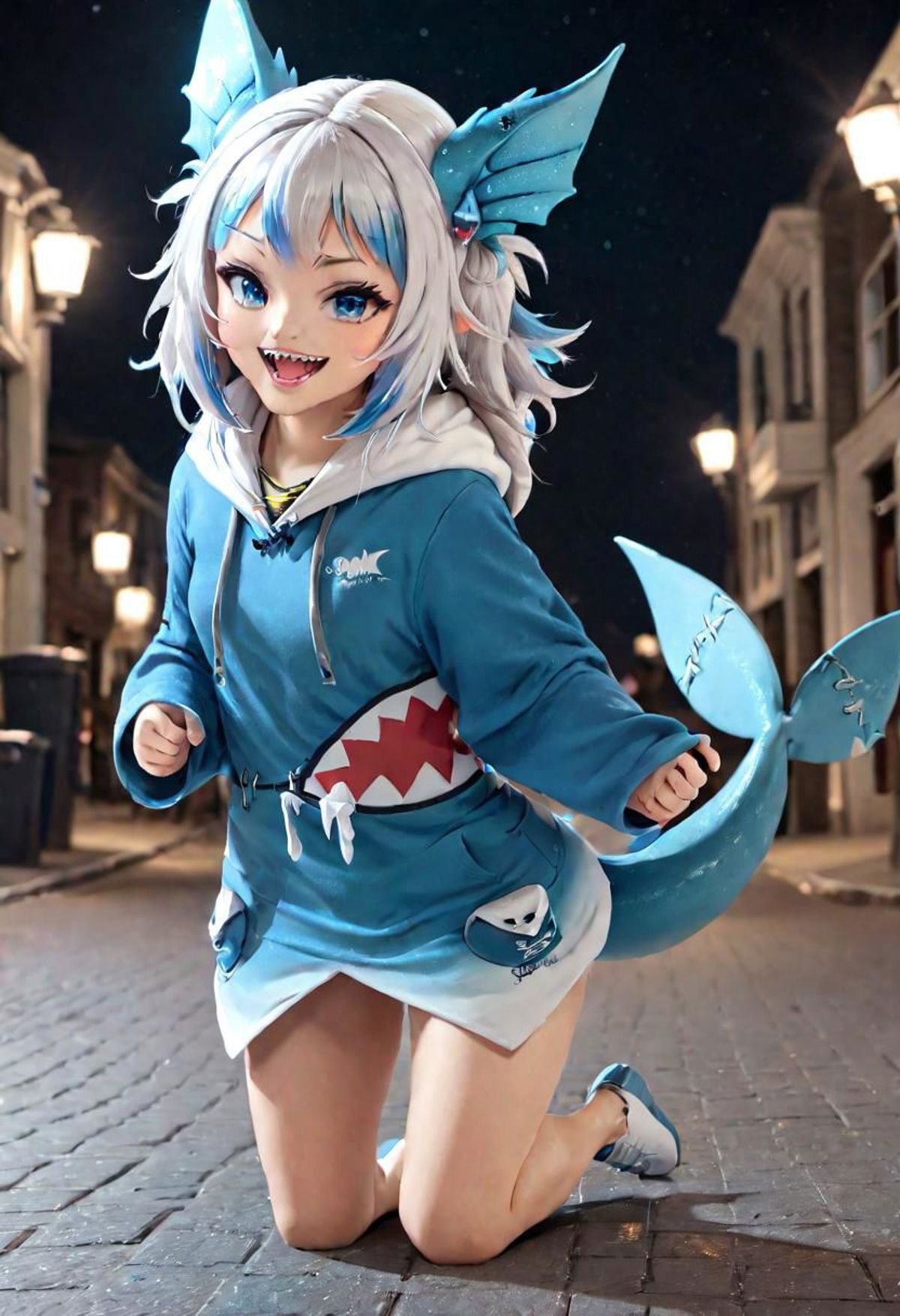 <lora:Gawr_Gura__SDXL:1> gawr gura, teeth, solo, tail, sharp teeth, shark tail, shark girl, hood, looking at viewer, hoodie, smile, blush, open mouth,  hair ornament, walking on a city street at night,  blue claws, critterz, cute, dragon wings, critter