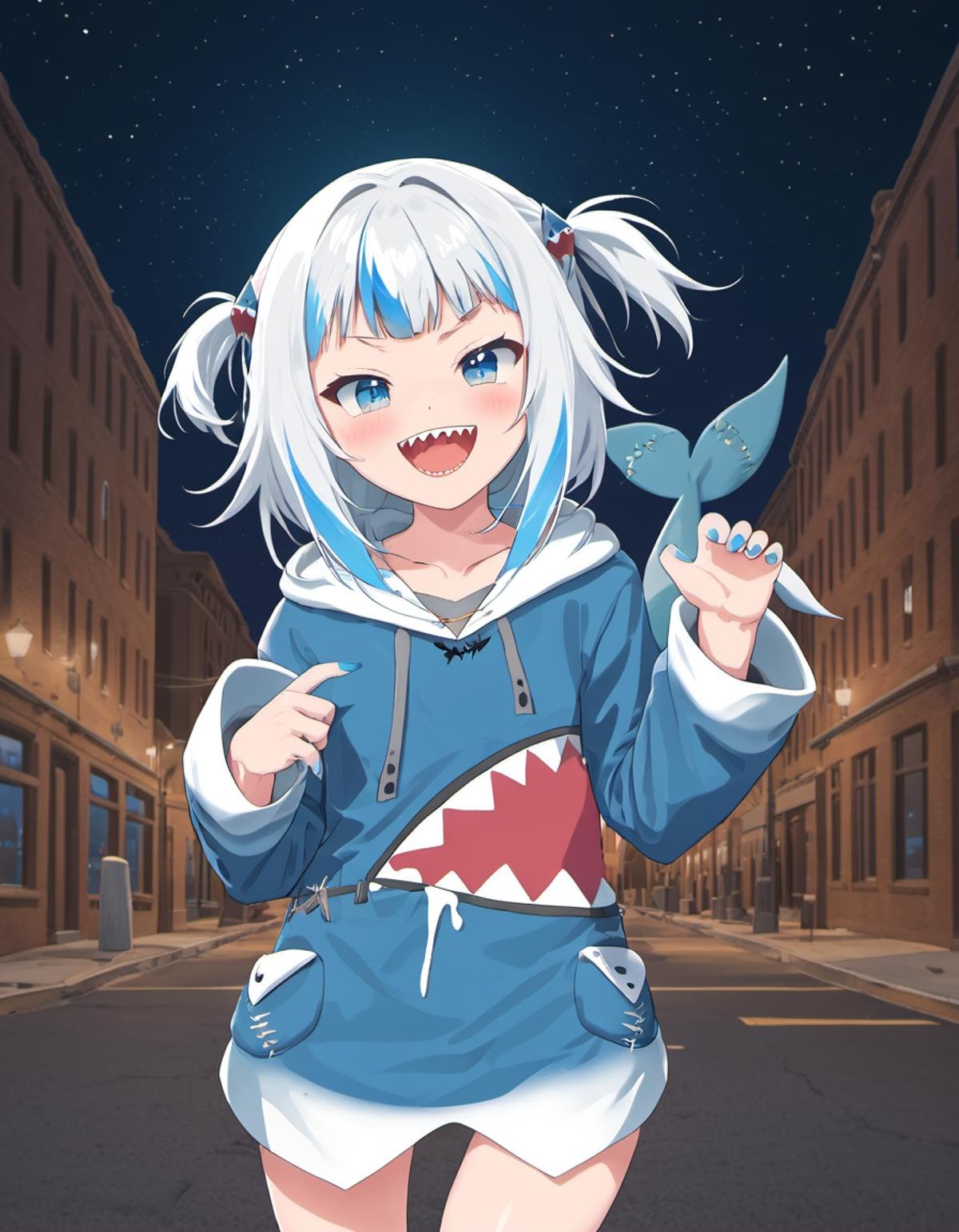 <lora:Gawr_Gura__SDXL:1> gawr gura, teeth, solo, tail, sharp teeth, shark tail, shark girl, hood, looking at viewer, hoodie, smile, blush, open mouth,  hair ornament, walking on a city street at night,  blue nails,