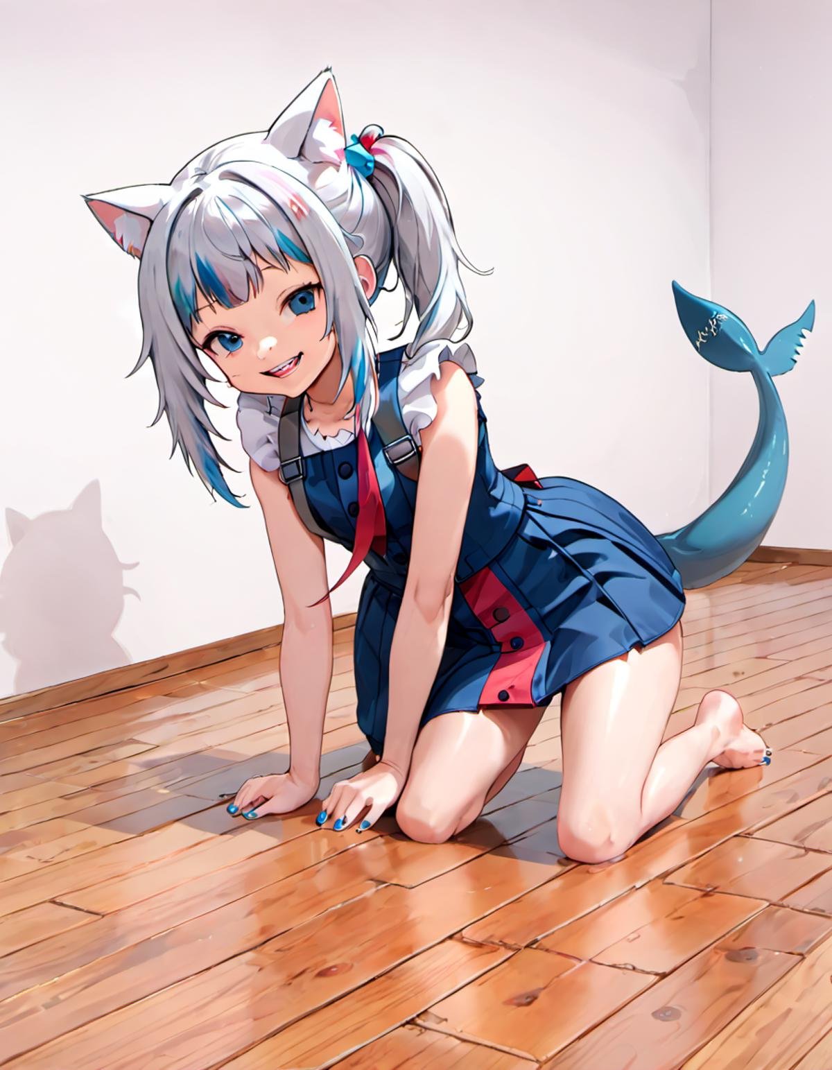 <lora:Gawr_Gura__SDXL:0.8>gawr gura, solo, grin, cat ears, sharp teeth, kneeling, shark tail, looking at viewer, official alternate costume, shark girl, side ponytail, white background, barefoot, wood floor, nail polish, hair ornament 