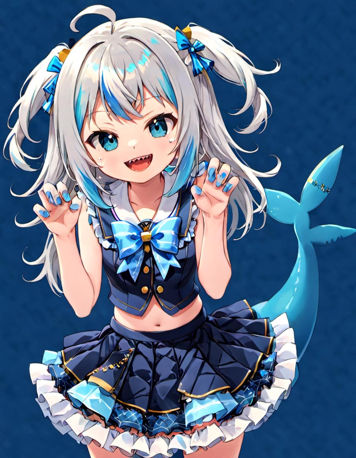 <lora:Gawr_Gura__SDXL:0.8>gawr gura, sharp teeth, shark tail, solo, shark girl, idol clothes, open mouth, two side up, looking at viewer, bow, smile, skirt, claw pose, hair ornament, layered skirt, blue nails, idol, blue background, white bow, :d, long hair