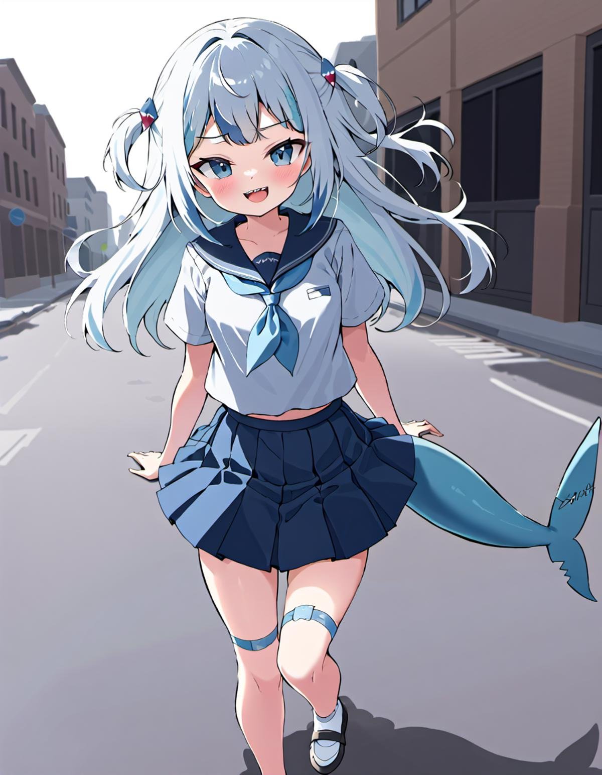 <lora:Gawr_Gura__SDXL:1> gawr gura, teeth, solo, tail, sharp teeth, shark tail, shark girl, looking at viewer, smile, blush, open mouth,  walking on a city street during the day, skirt, school uniform, hair ornament, blue skirt, blush, shark girl, bandaid, long hair, pleated skirt, shirt