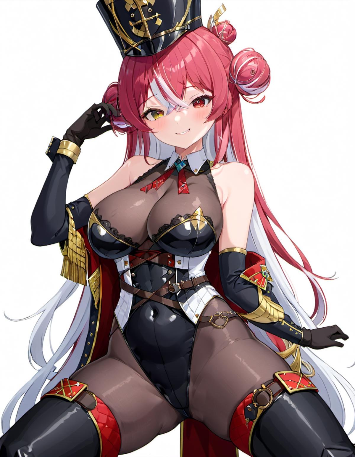 <lora:Houshou_Marine:.8>  houshou marine, solo, shako cap, large breasts, long hair, hat, gloves, heterochromia, covered navel, looking at viewer, white hair, leotard, multicolored hair, parted lips, white background, elbow gloves, black leotard, smile, simple background, blush, thigh boots, bare shoulders, boots, pantyhose, hair bun, black headwear, cleavage, holding, black gloves, streaked hair, black footwear, official alternate costume