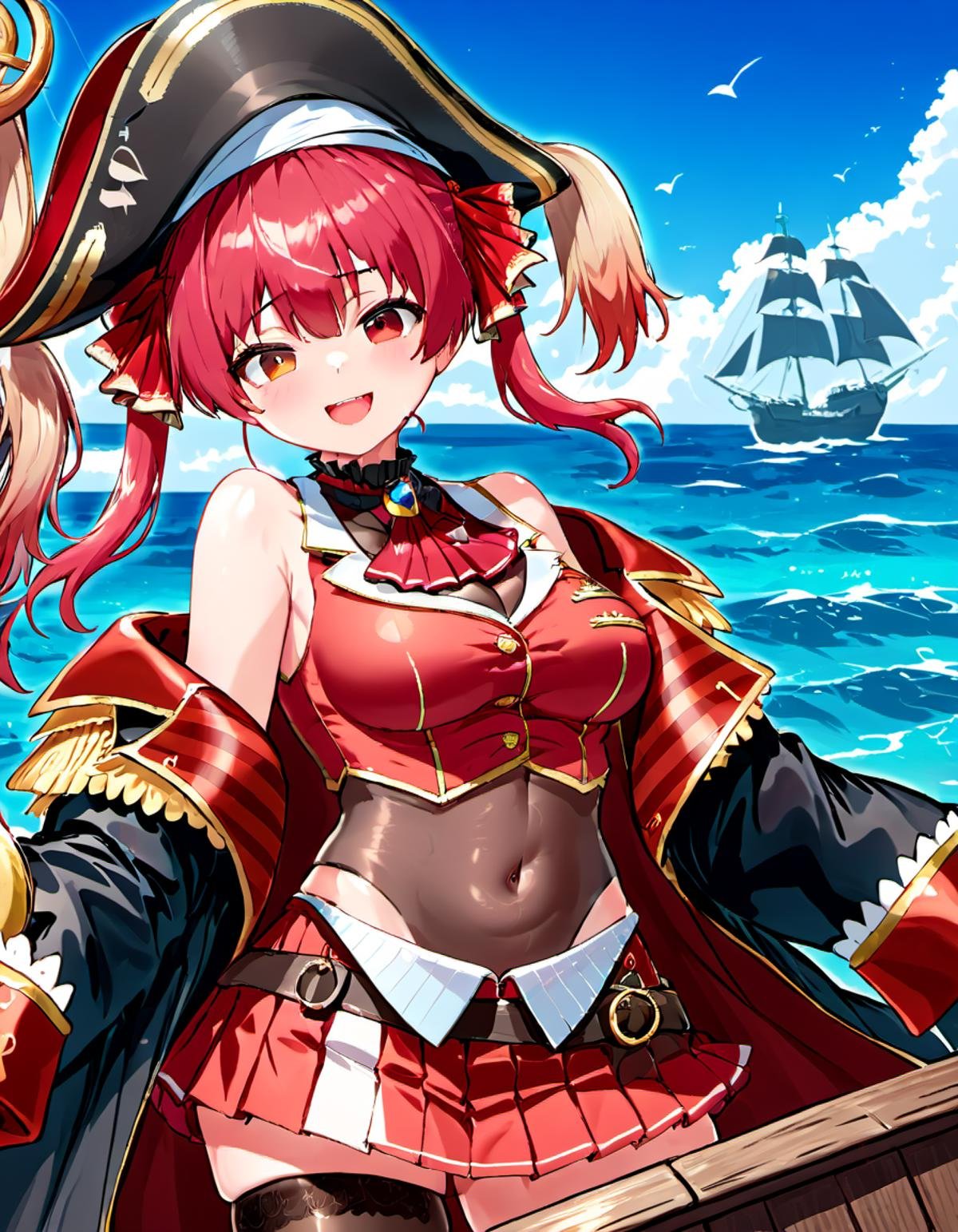 <lora:Houshou_Marine:1> houshou marine, solo, heterochromia, pirate hat, twintails, skirt, black thighhighs, large breasts, blush, smile, looking at viewer, open mouth, covered navel, long hair, red pleated skirt, pirate ship at sea,  red ascot, off shoulder, see-through leotard, black coat, bare shoulders, black headwear, bicorne, thighs, see-through, miniskirt, ribbon, jacket, pirate, belt, :d, hair ribbon 