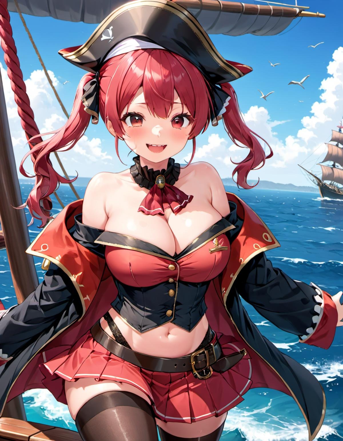 <lora:Houshou_Marine:.4> houshou marine, solo, heterochromia, pirate hat, twintails, skirt, black thighhighs, large breasts, blush, smile, looking at viewer, open mouth, covered navel, long hair, red pleated skirt, pirate ship at sea,  red ascot, off shoulder, see-through leotard, black coat, bare shoulders, black headwear, bicorne, thighs, see-through, miniskirt, ribbon, jacket, pirate, belt, :d, hair ribbon 