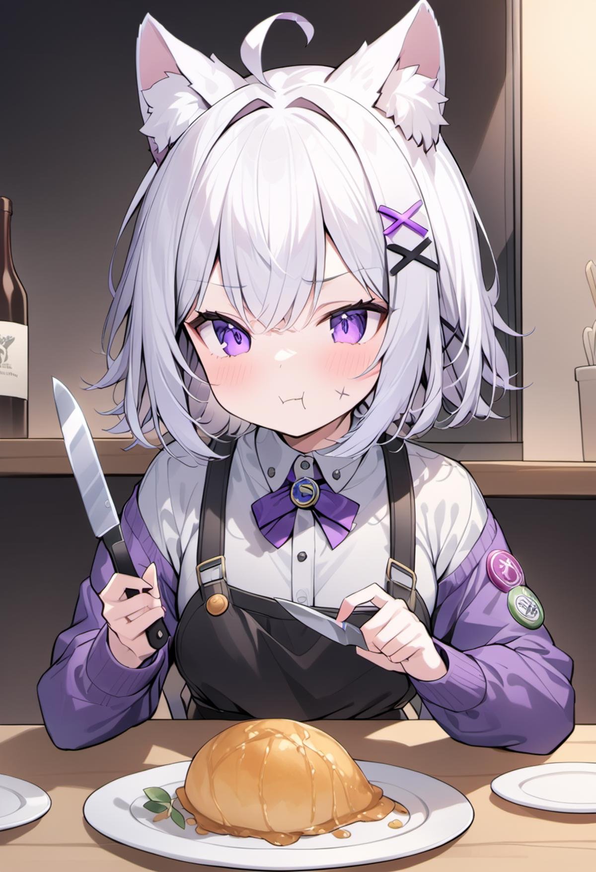 rating: general,  <lora:Filian_SDXL:1>, 1girl, animal ears, purple eyes, knife, fork, ahoge, hair ornament, food, solo, holding, short hair, virtual youtuber, eating, plate, white hair, x hair ornament, long sleeves, :t, holding knife, animal ear fluff, badge, table, shirt, black suspenders, masterpiece, best quality