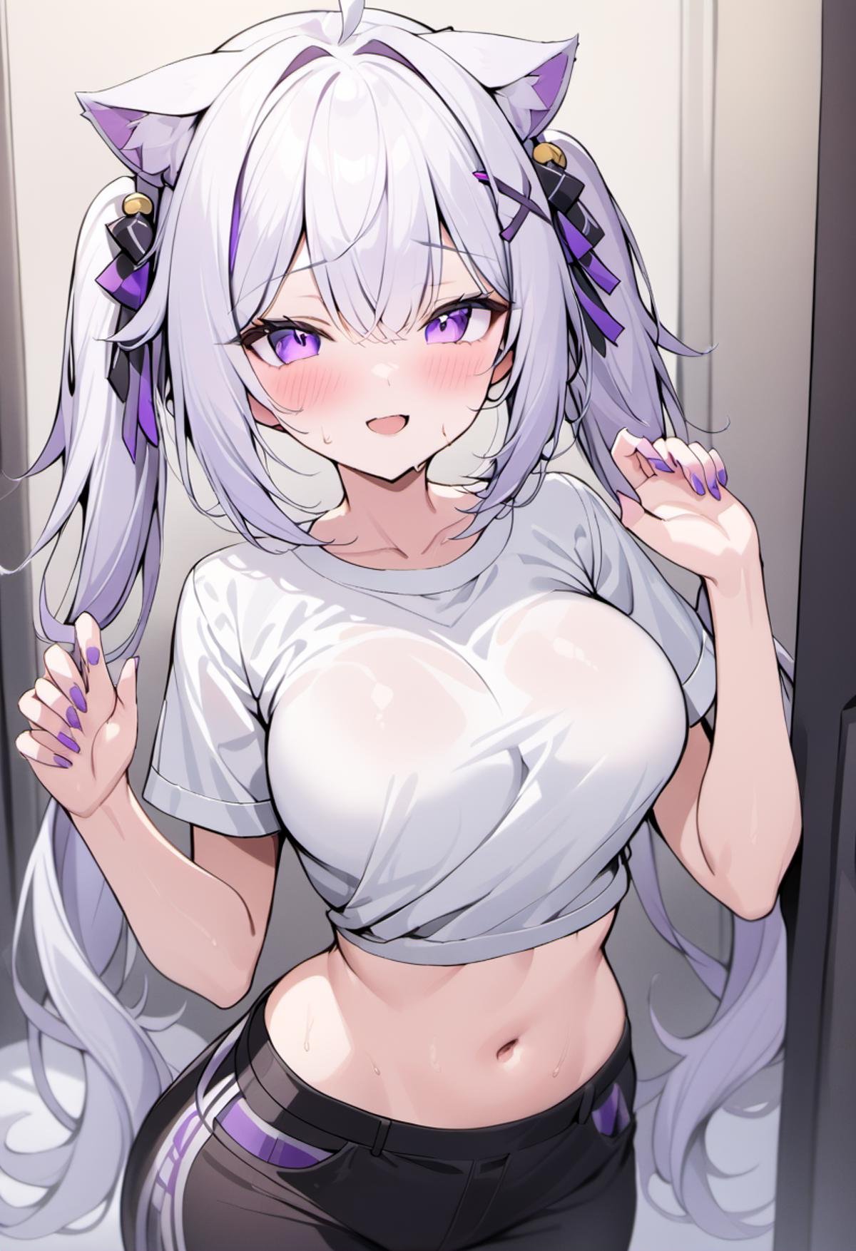 rating: general,  <lora:Filian_SDXL:1>, 1girl, solo, purple eyes, animal ears, white hair, hair ornament, smile, long hair, open mouth, purple nails, navel, ahoge, shirt, midriff, white shirt, x hair ornament, twintails, bangs, cat ears, breasts, nail polish, blush, masterpiece, best quality