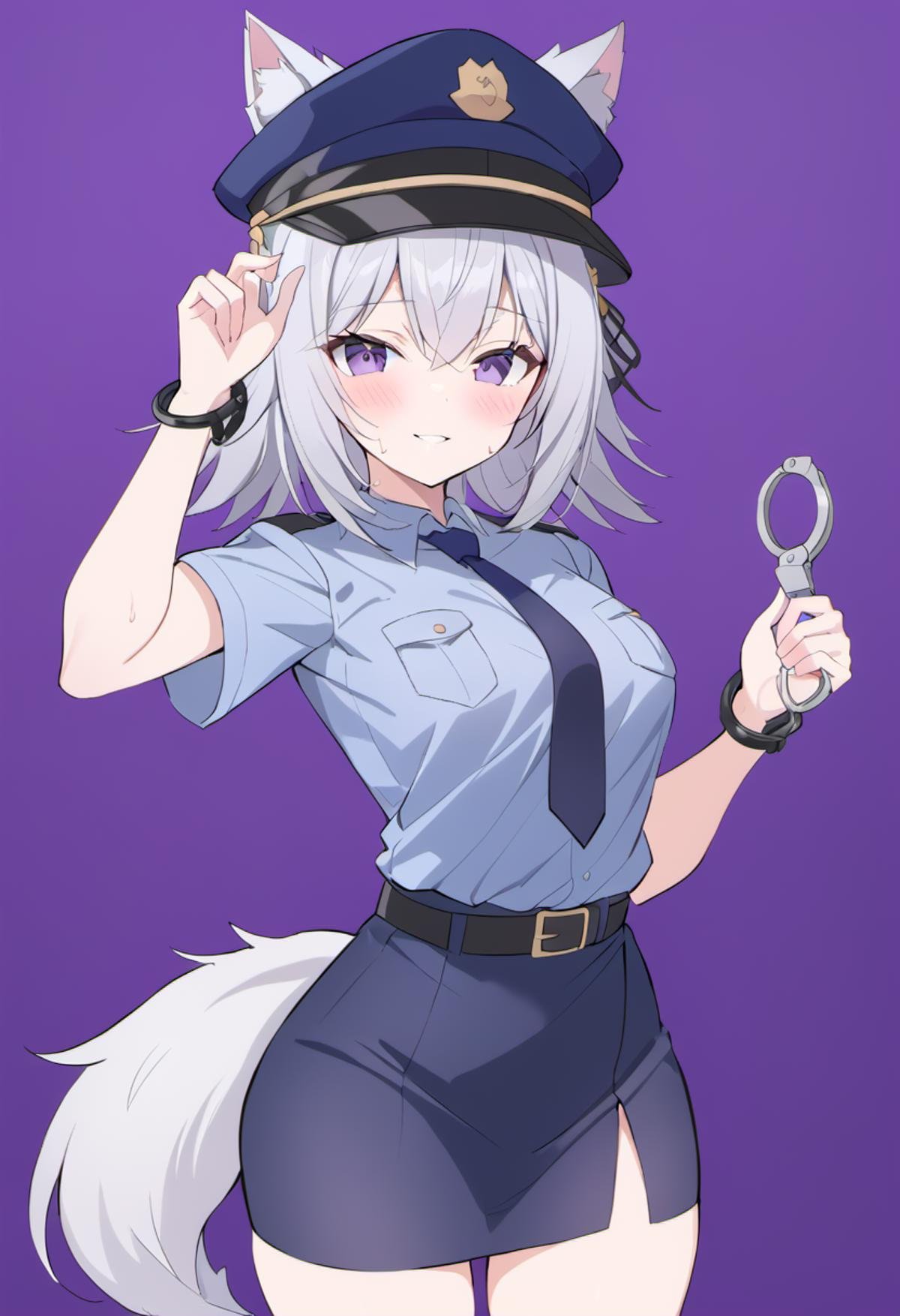 rating: general,  <lora:Filian_SDXL:1>, 1girl, police, police uniform, solo, policewoman, handcuffs, grey hair, skirt, cuffs, uniform, purple background, police hat, hat, shirt, blush, necktie, blue skirt, parted lips, blue shirt, belt, pencil skirt, black belt, looking at viewer, short sleeves, simple background, holding, bangs, breasts, collared shirt, blue necktie, hair between eyes, smile, wolf girl, wolf ears, blue headwear, cowboy shot, wolf tail, masterpiece, best quality