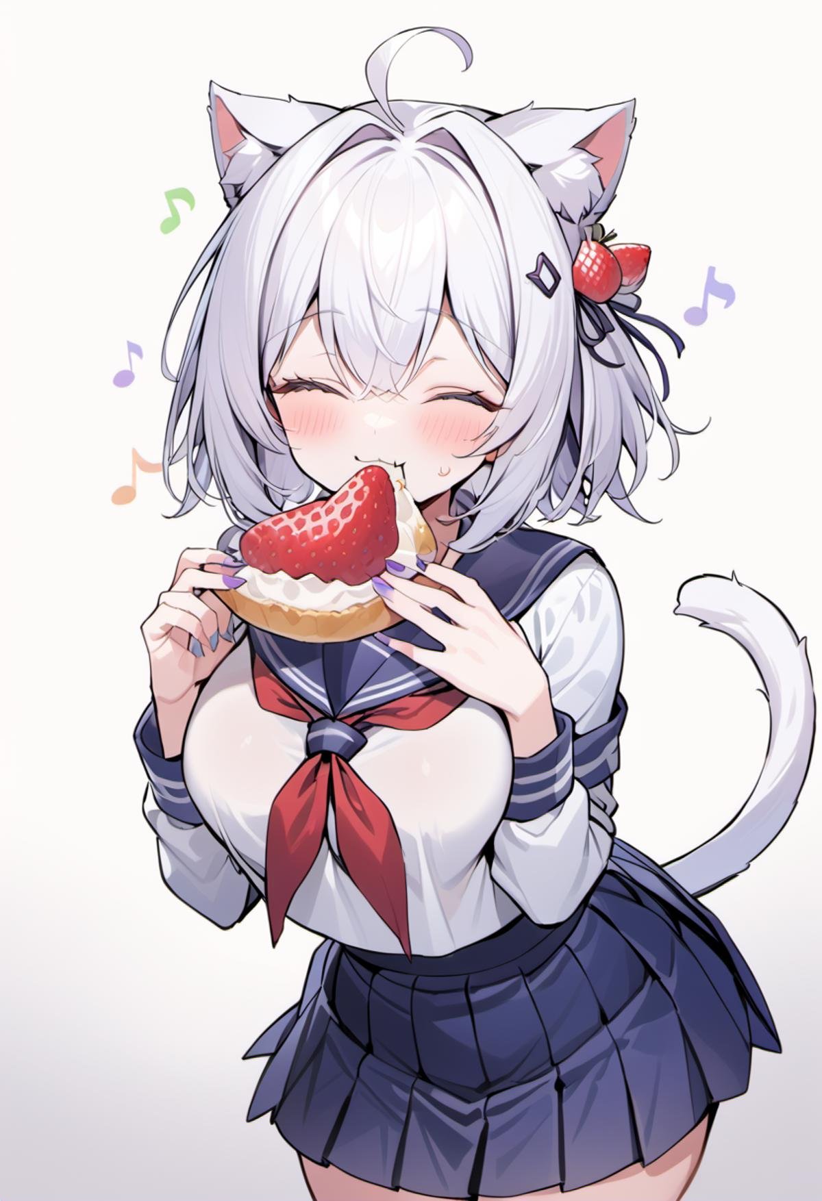 rating: general,  <lora:Filian_SDXL:1>, 1girl, solo, school uniform, closed eyes, cat ears, food, fruit, serafuku, strawberry, skirt, ahoge, musical note, eating, :3, cat girl, purple and white hair, holding, neckerchief, pleated skirt, holding food, hair ornament, blue skirt, blush, breasts, red neckerchief, smile, short hair, eighth note, large breasts, hair intakes, hair between eyes, sailor collar, nail polish,, masterpiece, best quality