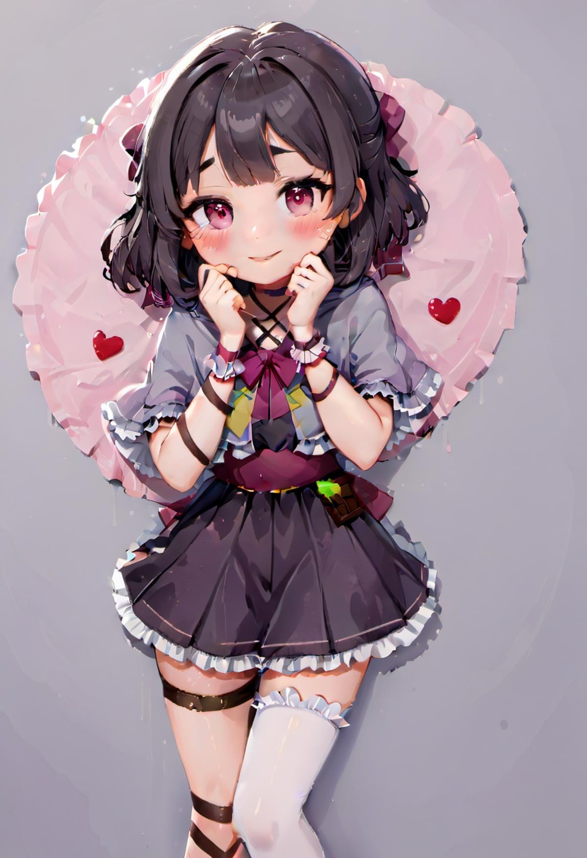 <lora:xl_more_art-full_v1:1>, masterpiece, best quality, rating: general, newest,  <lora:Fallenshadow_SDXL:0.8>, Fallenshadow, yandere, chocolate, heart-shaped pupils, single wrist cuff, symbol-shaped pupils, solo, hands on own face, dress, food-themed clothes, criss-cross halter, waist bow, hood up, heart, shaded face, arm ribbon, grey cape, cloak, capelet, hands on own cheeks, smile, grey capelet, black dress, frills, halterneck, leg ribbon, cape, short dress, frilled dress, looking at viewer, petite, simple background, pink background, outline, white background, brown background 